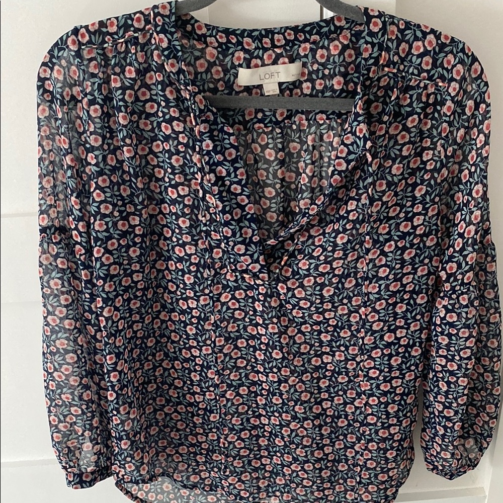 LOFT Women's Floral Print Top - Navy and Pink